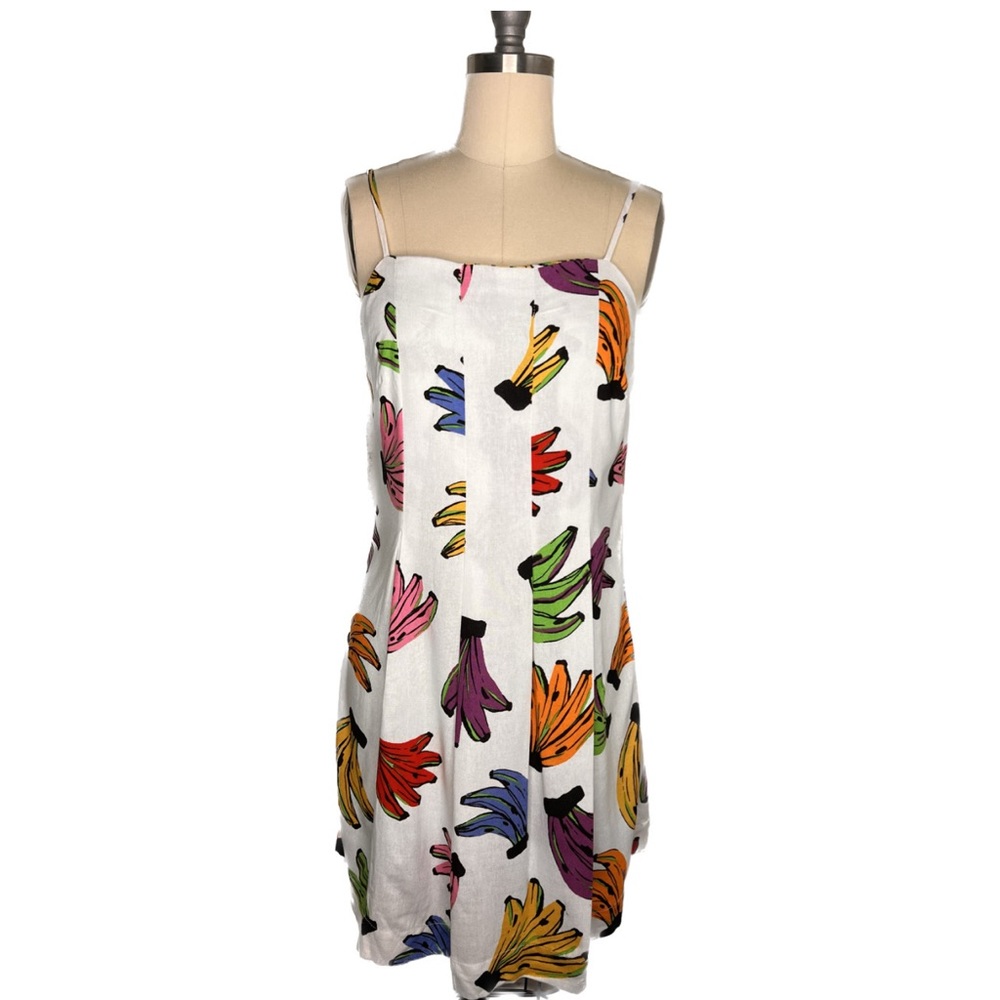 Farm Rio mini linen dress. Rainbow multi-colored banana detail.
